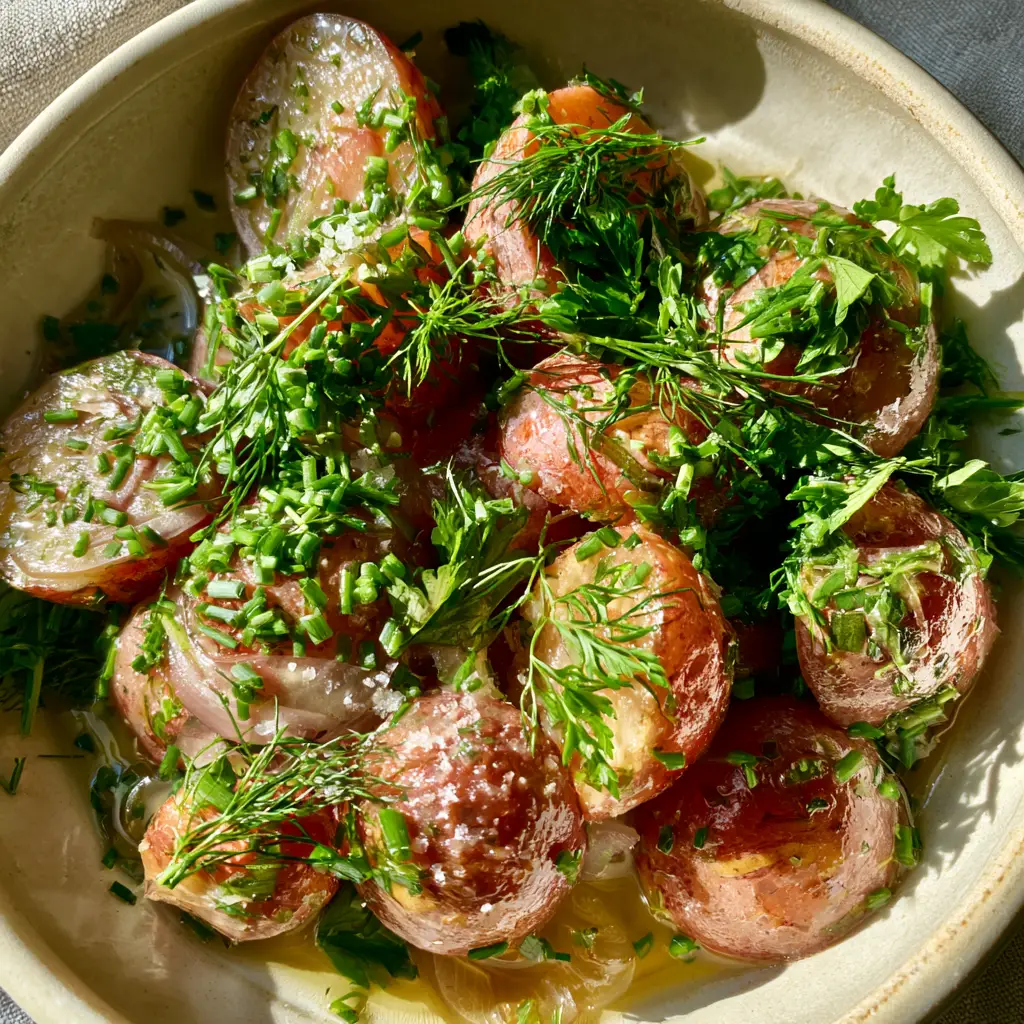 French Potato Salad with Champagne Vinaigrette and Fresh Herbs 2 Top-down view of French Potato Salad featuring tender red potato rounds and fresh herbs in a cream ceramic bowl.