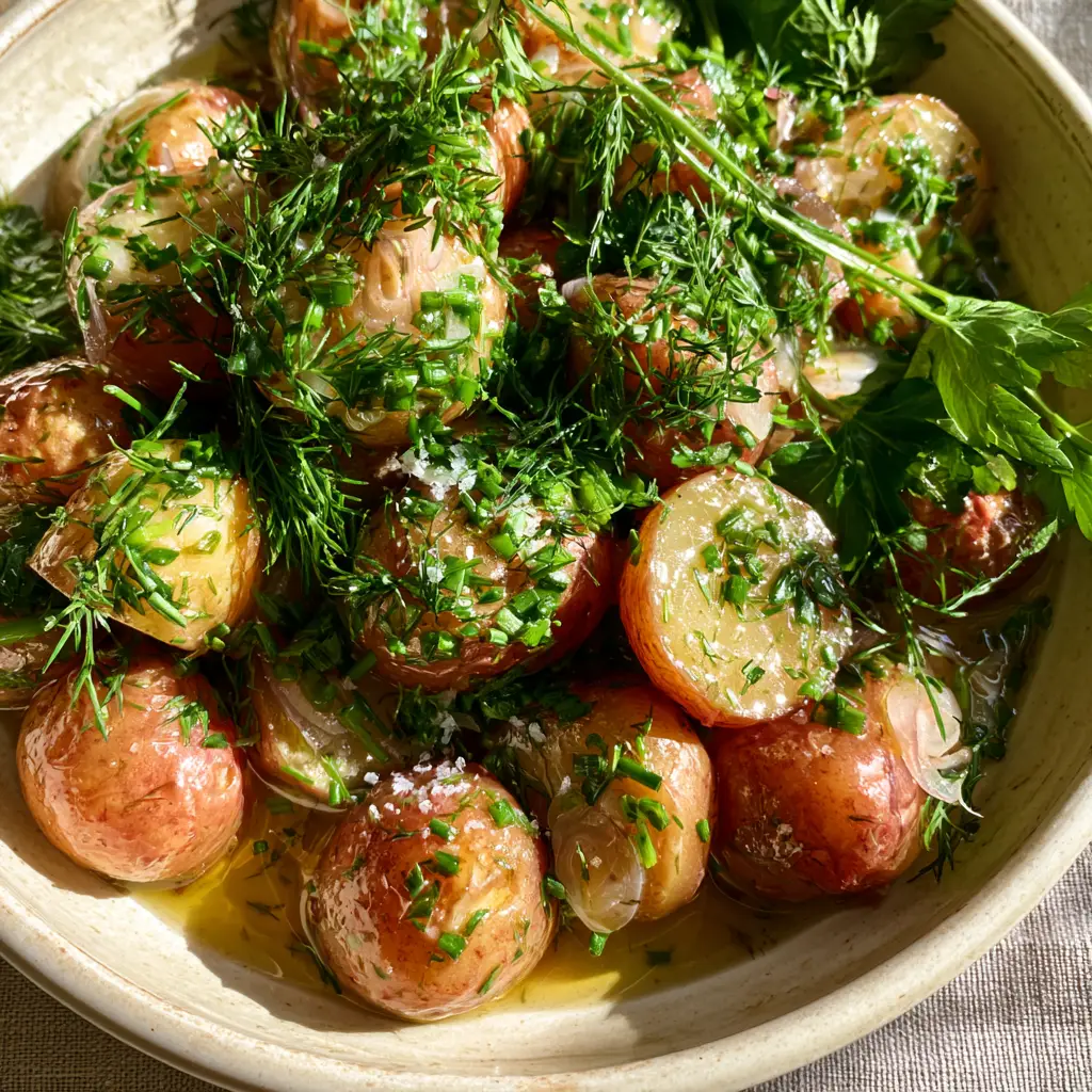 French Potato Salad with Champagne Vinaigrette and Fresh Herbs 1 Close up of glossy champagne vinaigrette pooling under sliced red potatoes and fresh parsley.