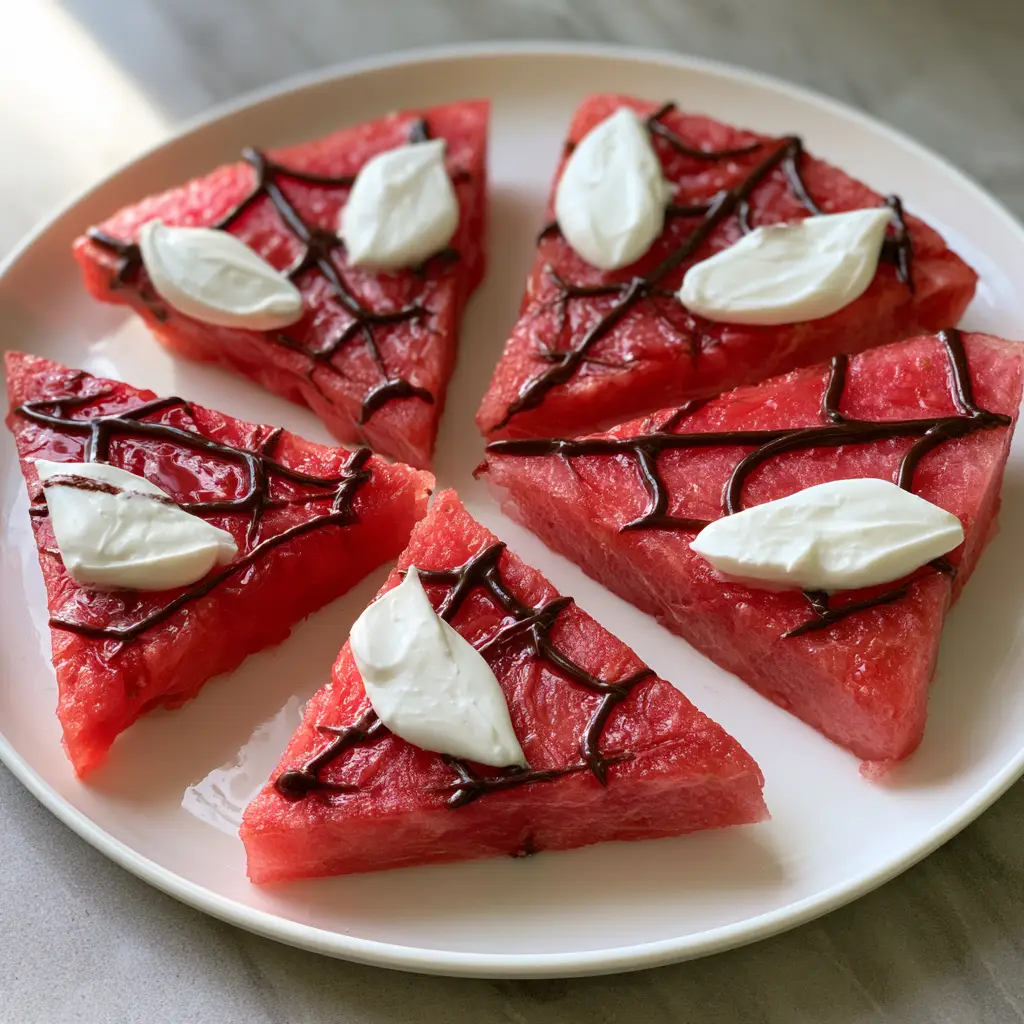 Top-down view of vibrant ruby red Spiderman watermelon masks with glossy dark chocolate webs on a marble countertop.