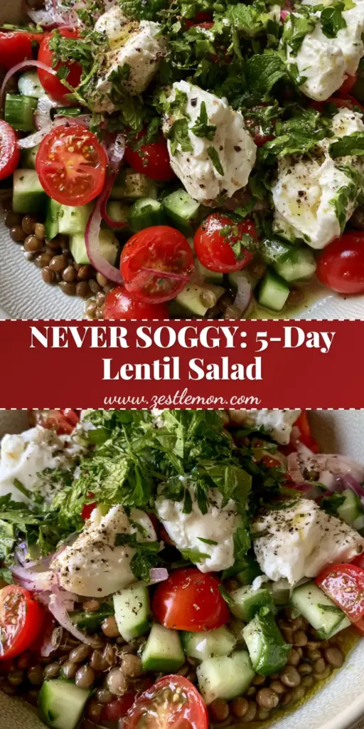 A vibrant Mediterranean Lentil Salad with French green lentils, feta, and lemon vinaigrette in a white bowl. (Lentil Salad)