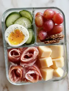 Top-down view of a glass bento box on marble with prosciutto rosettes and aged white cheddar cubes. (Adult Lunchable Ideas)