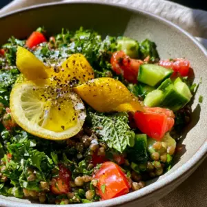 Overhead view of lentil tabbouleh salad highlighting fresh mint and lemon zest curls.