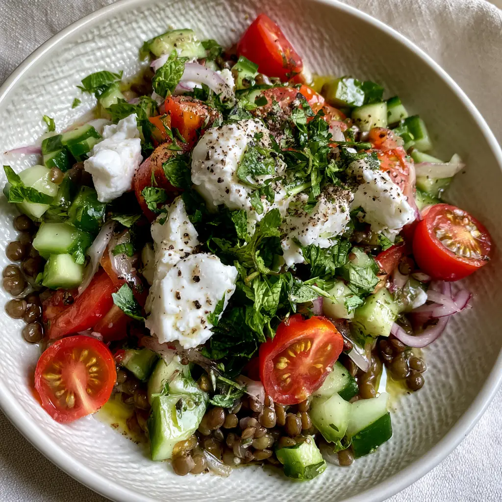 A macro photo of Lentil Salad featuring chunky feta cheese and fresh mint leaves under natural daylight.
