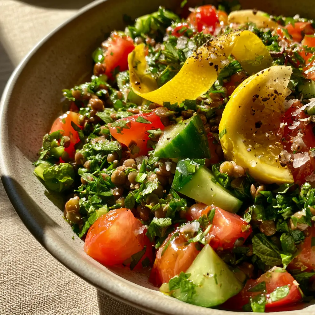 Lentil Tabbouleh Salad: A Vibrant Protein-Packed Herb Feast 1 Lentil tabbouleh salad served in a matte ceramic bowl with a drizzle of shimmering olive oil.