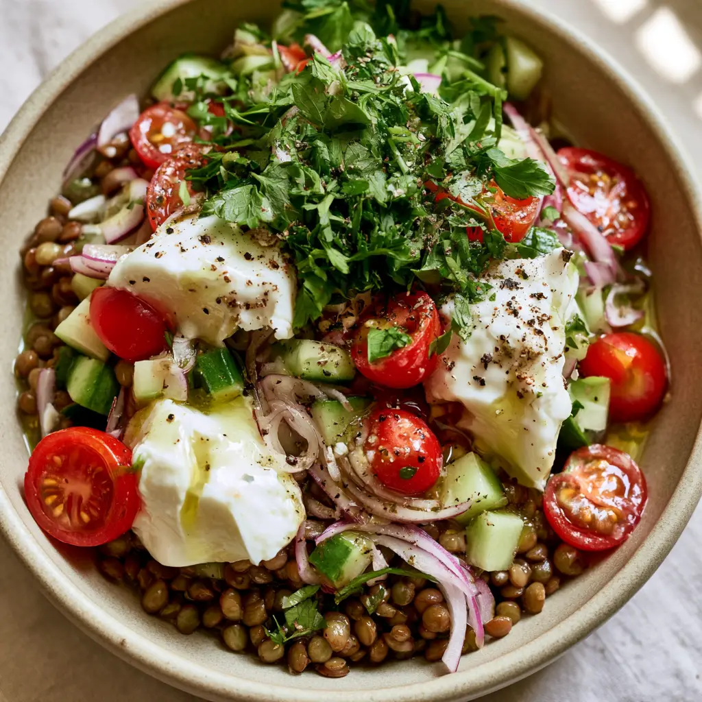 Salade de lentilles: The Ultimate Mediterranean Protein Bowl 1 Professional photography of Salade de lentilles featuring rustic white feta and fresh flat-leaf parsley.