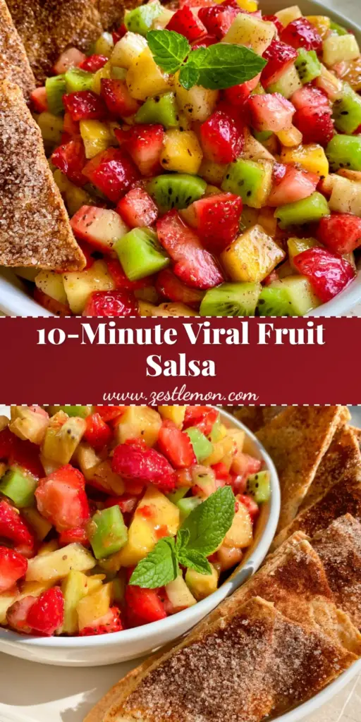 Fruit Salsa with Homemade Cinnamon Tortilla Chips 4 A vibrant bowl of Fruit salsa with strawberries, kiwi, and mango served with golden-brown cinnamon chips and a mint garnish.