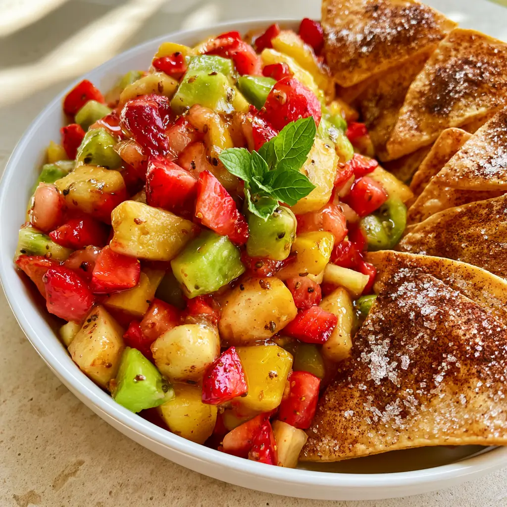 Close-up of finely diced Fruit salsa glistening with honey-lime glaze in a white ceramic bowl.