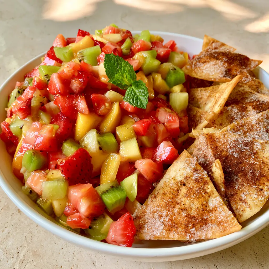 Fruit Salsa with Homemade Cinnamon Tortilla Chips 1 Golden-brown toasted tortilla chips heavily dusted with cinnamon and sugar next to a bowl of Fruit salsa.