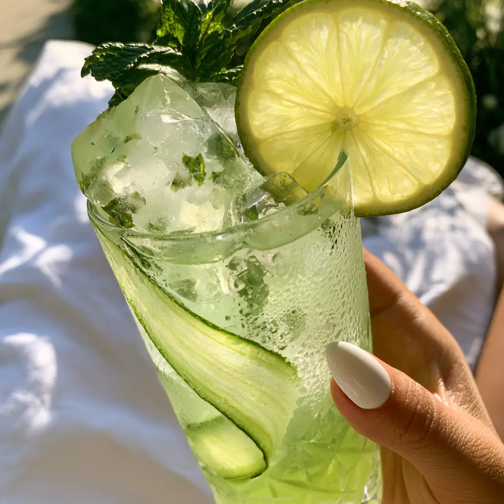 Hand holding a cucumber cooler cocktail with minimalist almond nails and a garden background.