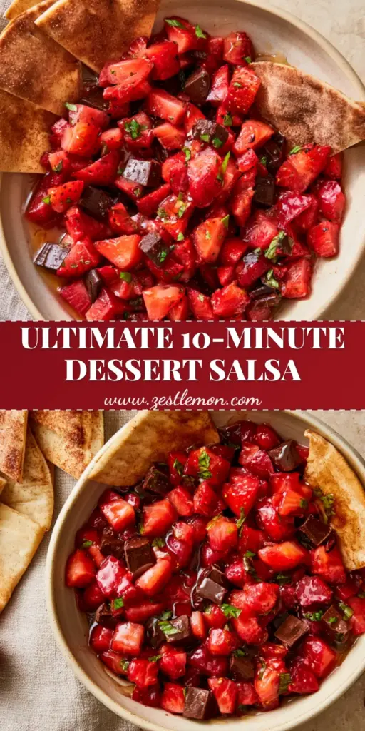 Strawberry Chocolate Salsa with Cinnamon Sugar Pita Chips 4 A minimalist matte cream ceramic bowl filled with glossy strawberry chocolate salsa, fanned out cinnamon-sugar pita chips on a linen napkin.