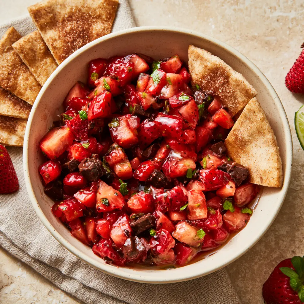 Top-down view of vibrant red strawberry chocolate salsa in a cream bowl with mint flecks and honey drizzle.