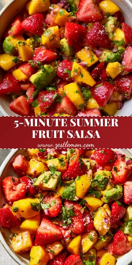 Avocado Strawberry Mango Salsa with Fresh Lime and Sea Salt 4 A top-down view of Avocado Strawberry Mango Salsa in a white bowl showing chunks of mango, strawberries, and avocado with lime glaze.