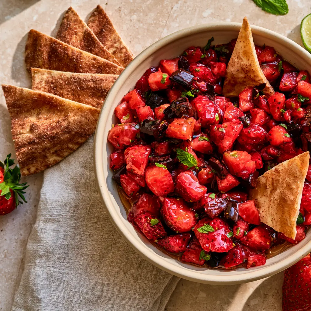 Strawberry Chocolate Salsa with Cinnamon Sugar Pita Chips 1 Cinnamon-sugar pita chips fanned out next to a bowl of fresh strawberry chocolate salsa on a beige stone background.
