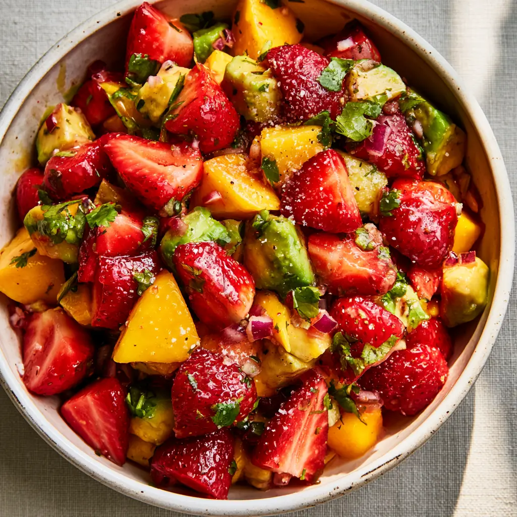 Avocado Strawberry Mango Salsa with Fresh Lime and Sea Salt 1 Detailed view of forest-green avocado chunks and crimson strawberry quarters in a fruit salsa.