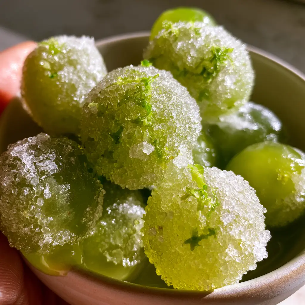 Emerald-green frozen grapes with thick granulated sugar-like coating and ice crystals. (frozen grapes)