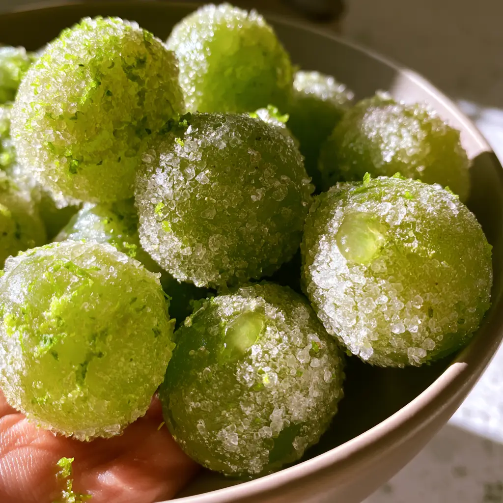 Frozen Grapes with Sparkling Lime and Monk Fruit 1 Translucent frozen grapes resting in a ceramic bowl with lime zest shavings.