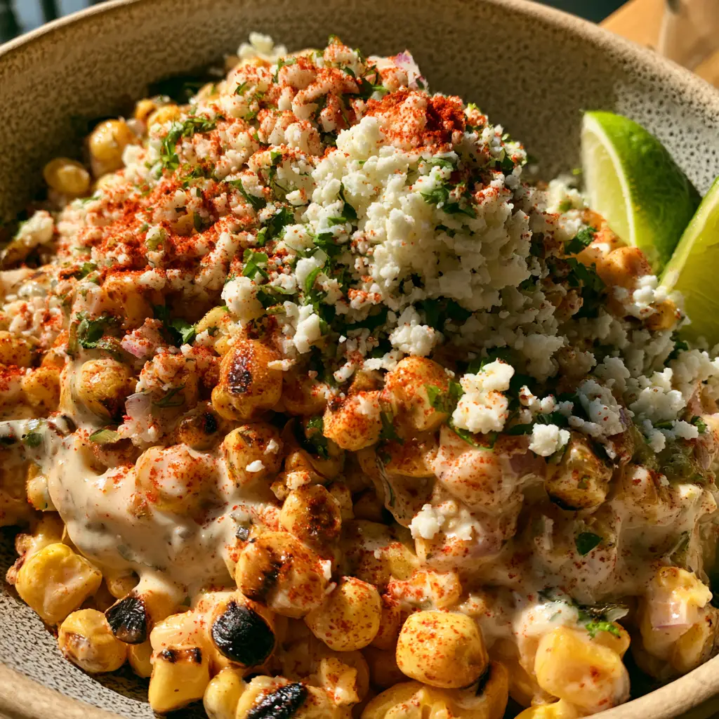 Close up of pan-seared golden corn with dark char marks and white crema for Mexican street corn salad.
