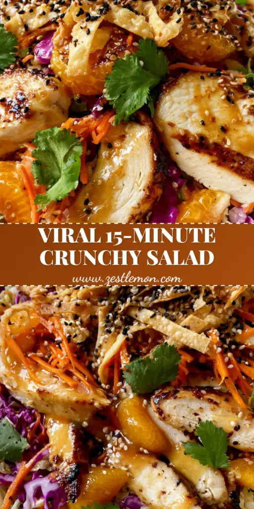 A vertical, high-angle shot of a vibrant Asian chicken salad being tossed in a white bowl with shredded cabbage, seared chicken, and wonton strips.