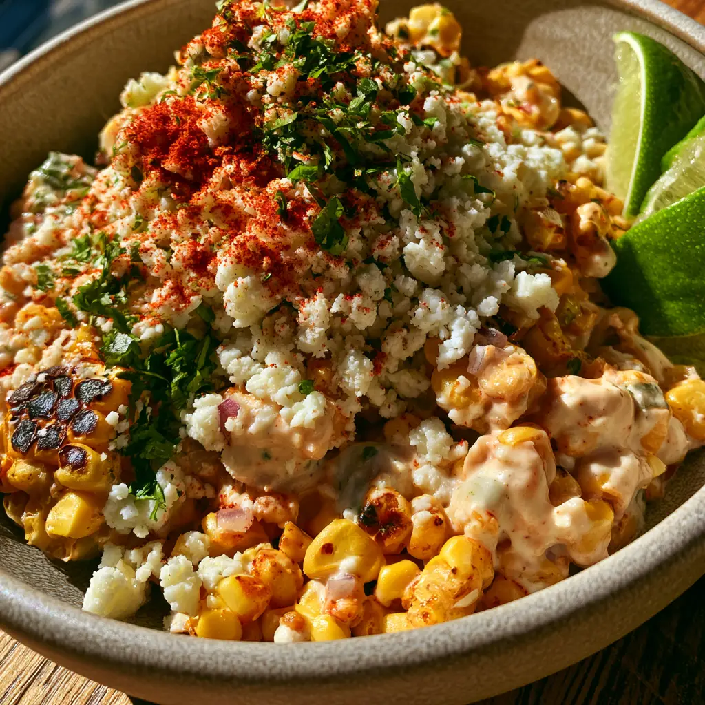 Mexican street corn salad (The Best Easy Esquites Recipe) 1 A vibrant bowl of Mexican street corn salad topped with snowy cotija cheese and red chili powder.