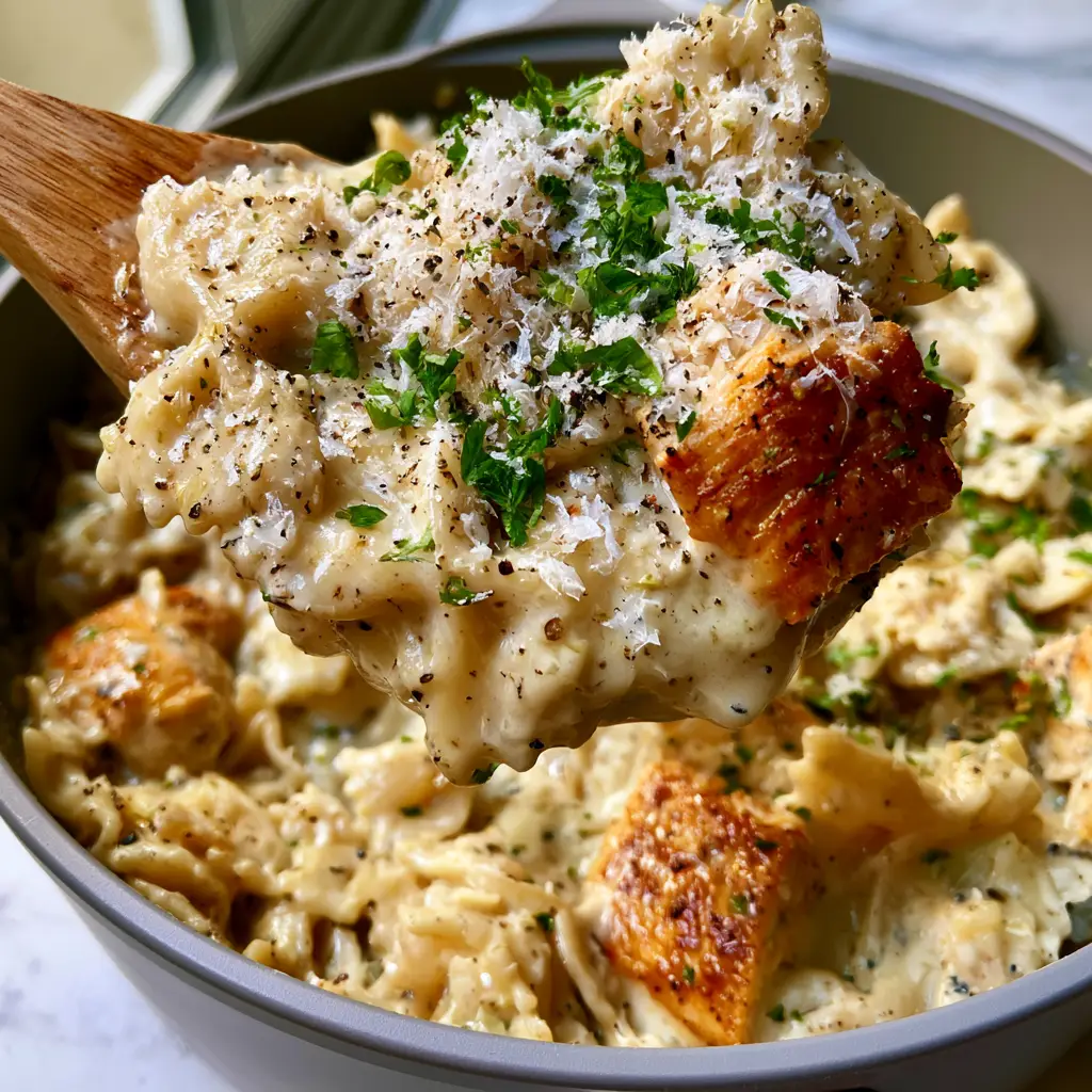 Close-up of al dente bow tie pasta coated in a thick garlic cream sauce with pan-seared chicken. (Bow tie pasta)