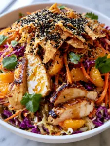 Close up of pan-seared chicken breast slices with golden-brown edges on top of a colorful Asian chicken salad.