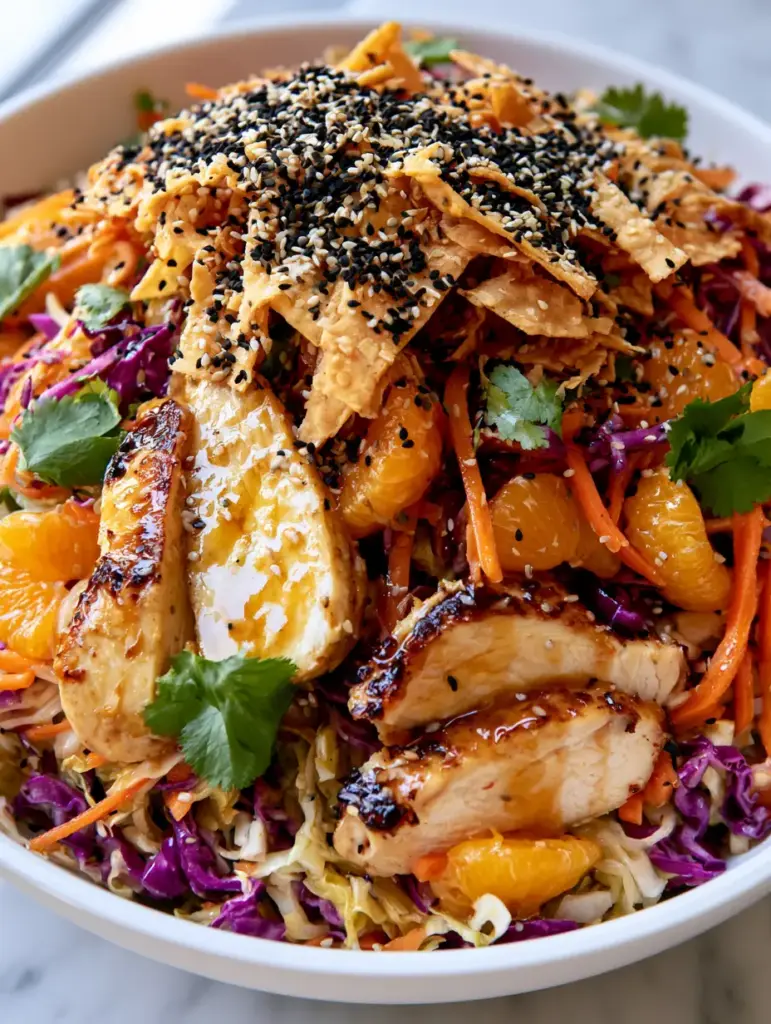 Close up of pan-seared chicken breast slices with golden-brown edges on top of a colorful Asian chicken salad.