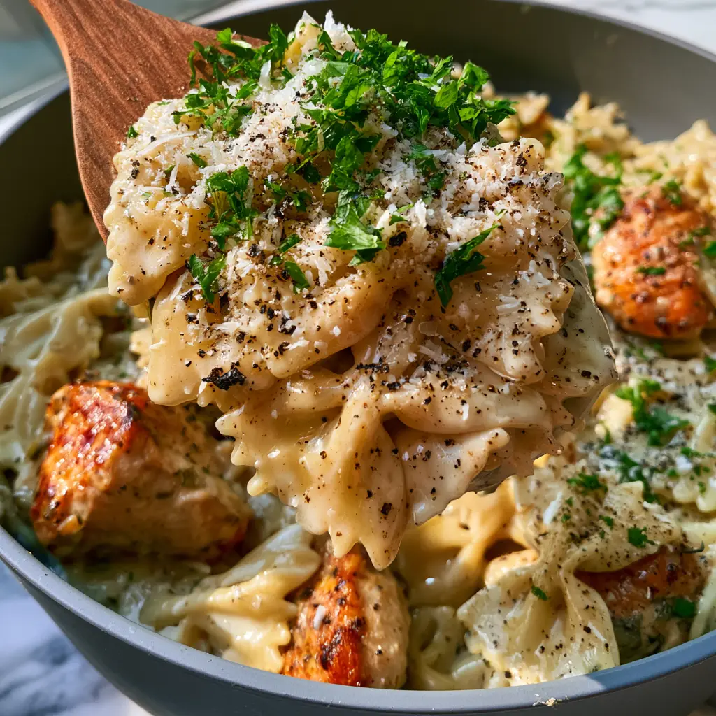 Bow tie pasta with Creamy Garlic Butter Chicken 1 Overhead shot of creamy garlic chicken pasta in a matte-grey pan topped with snowy parmesan and parsley.