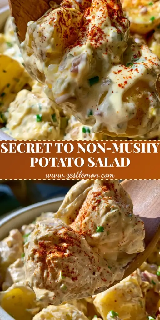 A viral-style Pinterest pin showing a wooden spoon lifting a heavy, glossy scoop of Southern Creamy Potato Salad with chives and paprika.