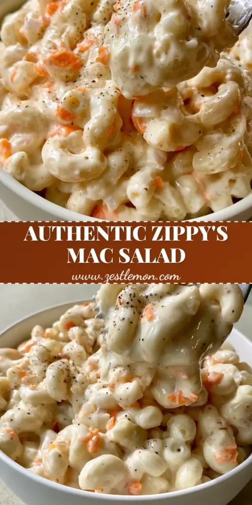 A close-up shot of Hawaiian Mac Salad with a fork lifting a sticky, glossy portion of ivory-colored macaroni from a white bowl.