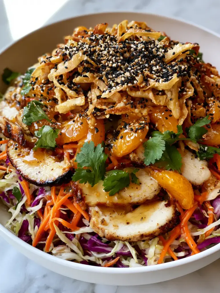 A minimalist white ceramic bowl filled with Asian chicken salad, featuring bright mandarin oranges and crispy wonton strips.