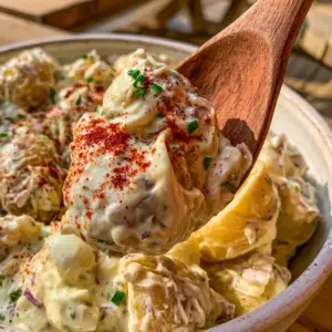 Extreme close-up of Creamy Potato Salad featuring yellow Yukon Gold chunks, velvety dressing, and specks of celery seed and chives.