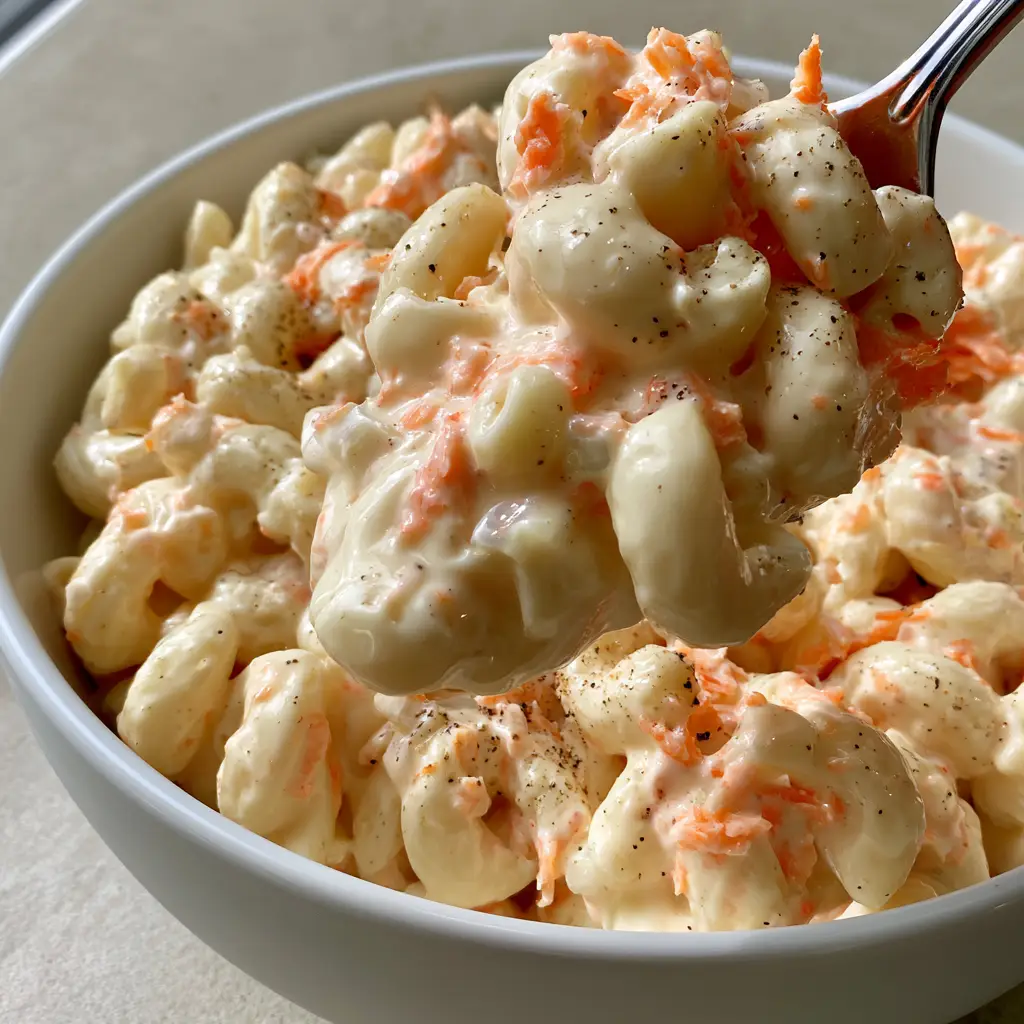 A bowl of Hawaiian Mac Salad showing the wet light-reflecting sheen and fine orange carrot specks in a white ceramic bowl.