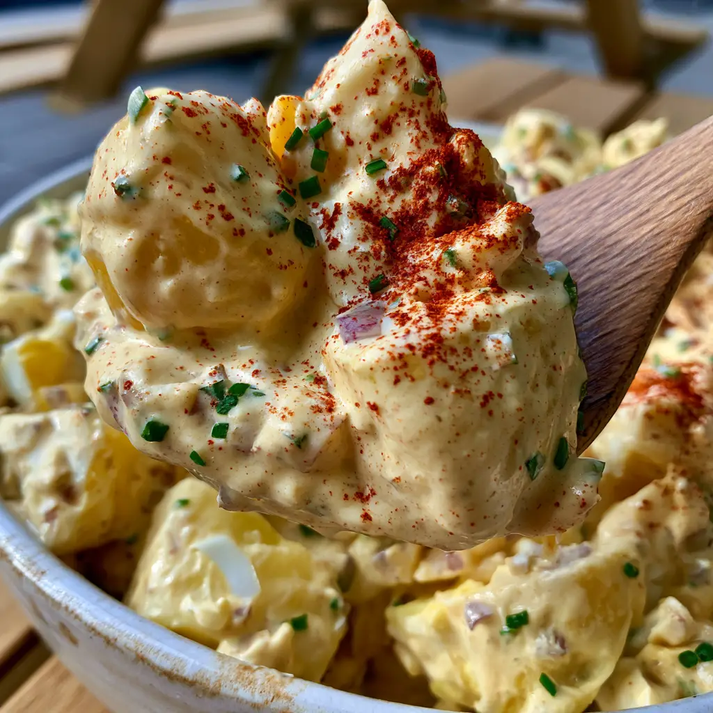 A rustic white bowl filled with Creamy Potato Salad, highlighting the glossy peaks of the dressing and a light dusting of smoked paprika.
