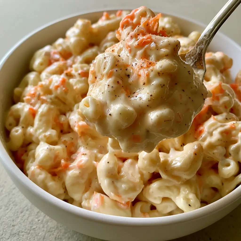 Smartphone photo of creamy Hawaiian Macaroni Salad with visible black pepper and finely grated carrots.