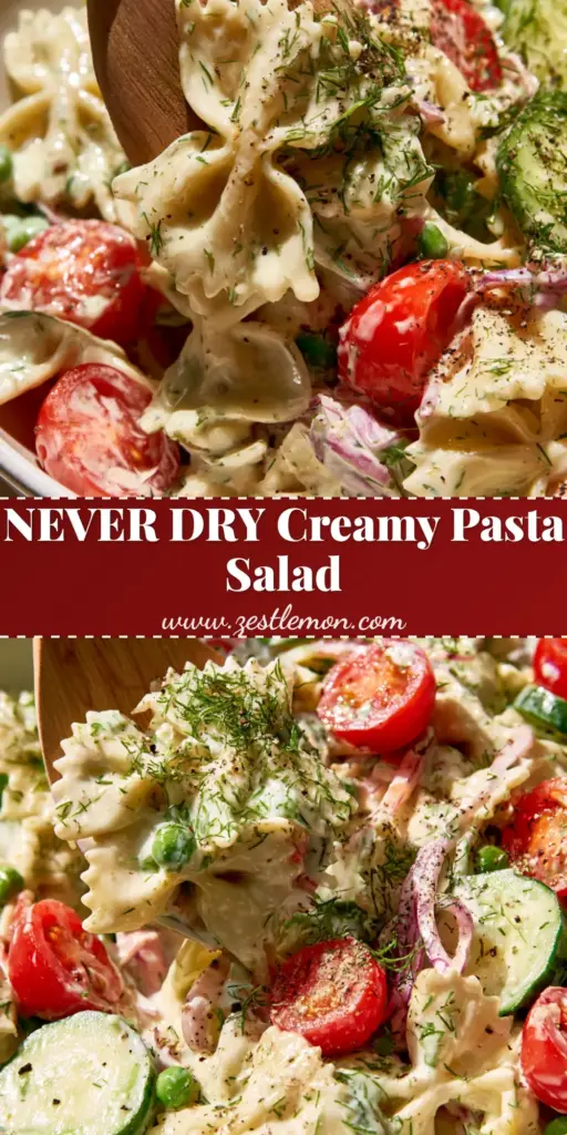 creamy pasta salad recipe with Zesty Greek Yogurt Dressing 3 A vertical eye-level close-up of a creamy pasta salad recipe in a white ceramic bowl with bow tie pasta, tomatoes, and cucumbers.