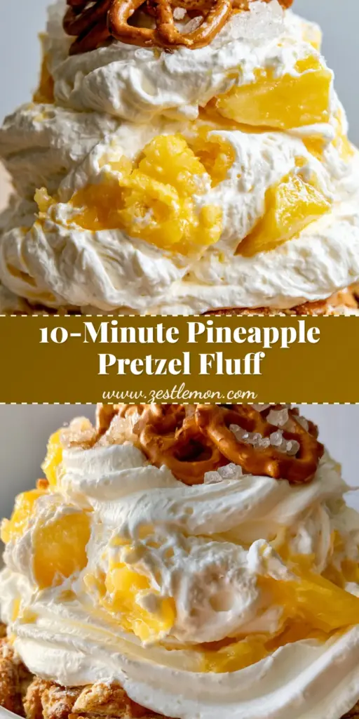 Pineapple Pretzel Fluff: The Ultimate Sweet and Salty Summer Dessert 4 A tall, airy serving of pineapple pretzel fluff topped with whole mini pretzels and fresh mint in a rustic white bowl.