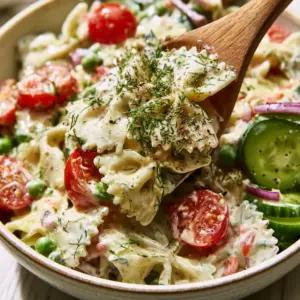 Detailed shot of bow tie pasta coated in ivory Greek yogurt dressing with peas and tomatoes. (creamy pasta salad recipe)