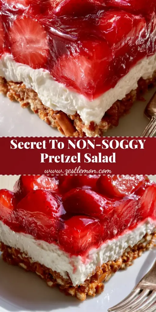 Strawberry Pretzel Salad: The Ultimate Salty-Sweet Layered Dessert 4 A close-up vertical shot of a square slice of Strawberry Pretzel Salad showing three distinct layers: toasted pretzel crust, white cream cheese, and red strawberry gelatin.