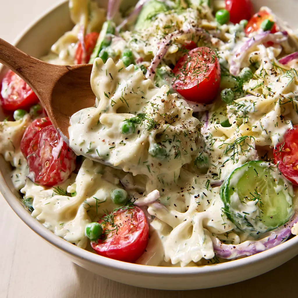 creamy pasta salad recipe with Zesty Greek Yogurt Dressing 1 A wooden spoon lifting a portion of pasta salad showing the glossy dressing and cracked black pepper.