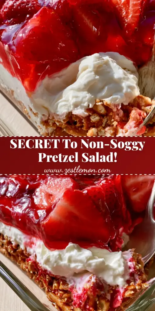 Strawberry Crack Pretzel Salad: The Ultimate Sweet and Salty Layered Dessert 4 A tall side-view of a strawberry crack pretzel salad slice showing the distinct salty pretzel crust, thick whipped cream cheese layer, and ruby-red strawberry glaze.