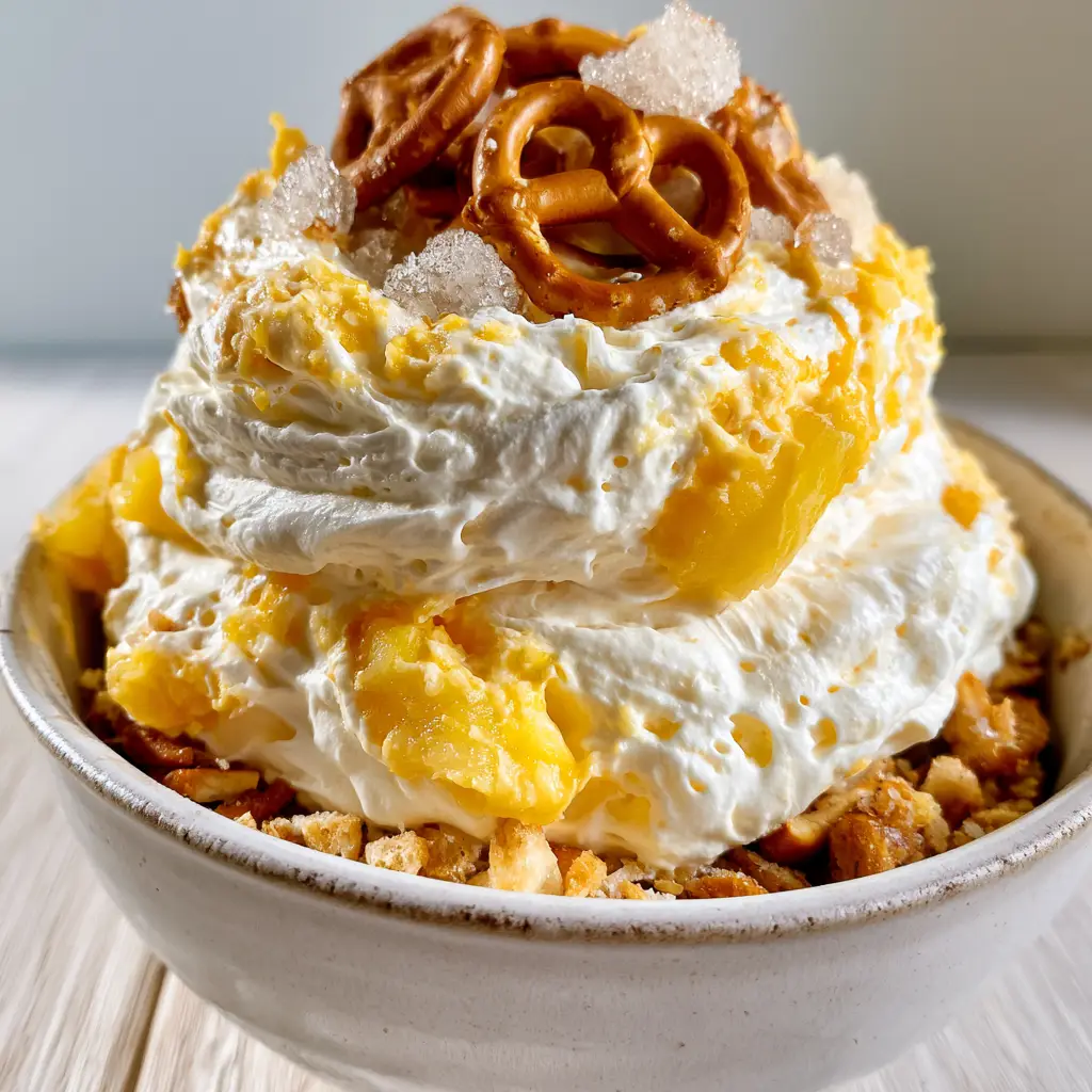 Pineapple Pretzel Fluff: The Ultimate Sweet and Salty Summer Dessert 1 A rustic bowl of pineapple pretzel fluff garnished with extra-large sugar crystals and fresh pineapple.