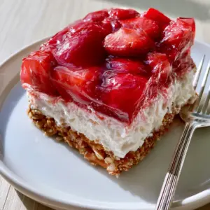 Macro side profile of Strawberry Pretzel Salad on a white plate with a vintage fork showing the crunchy toasted pretzel texture.