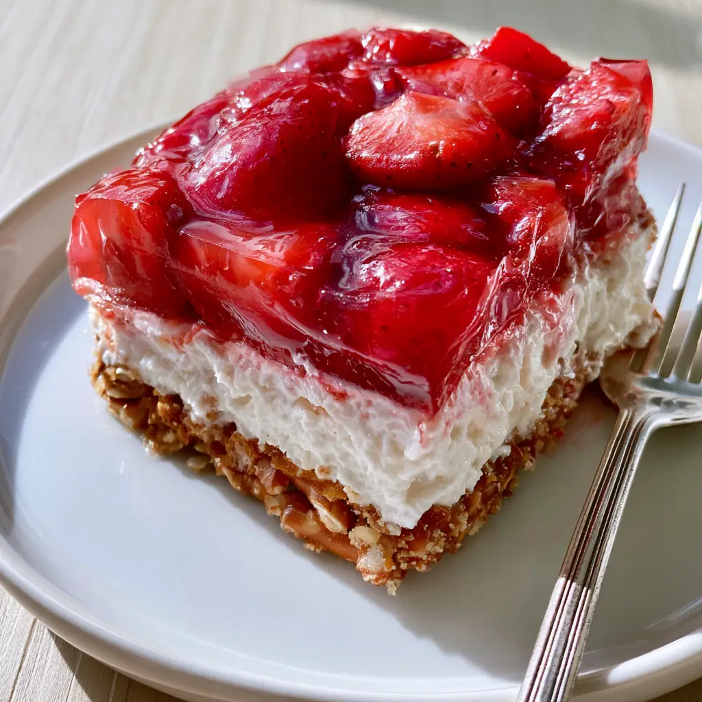 Macro side profile of Strawberry Pretzel Salad on a white plate with a vintage fork showing the crunchy toasted pretzel texture.