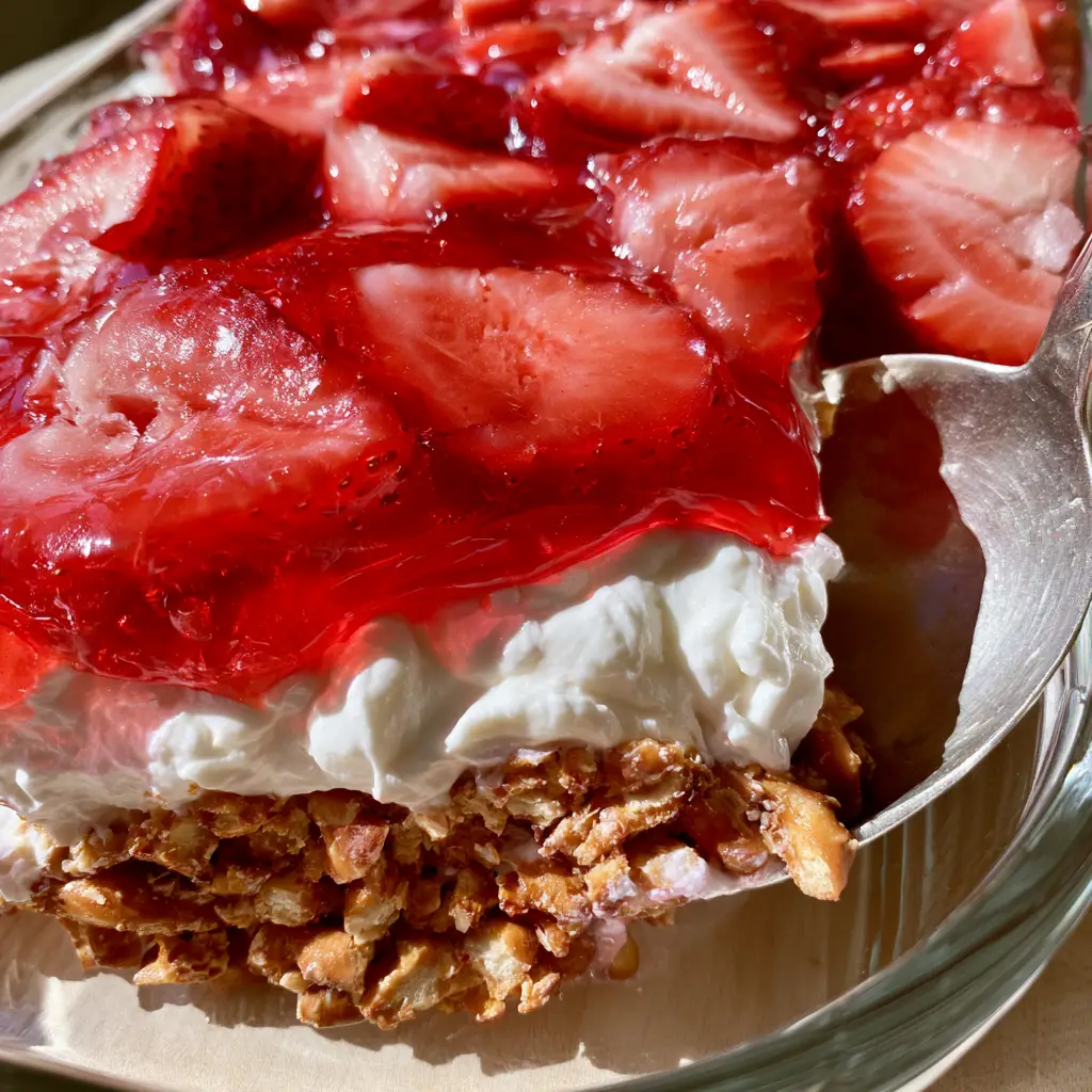 Side-profile view of strawberry crack pretzel salad in a glass dish showing the three perfect layers and a silver spoon scoop.