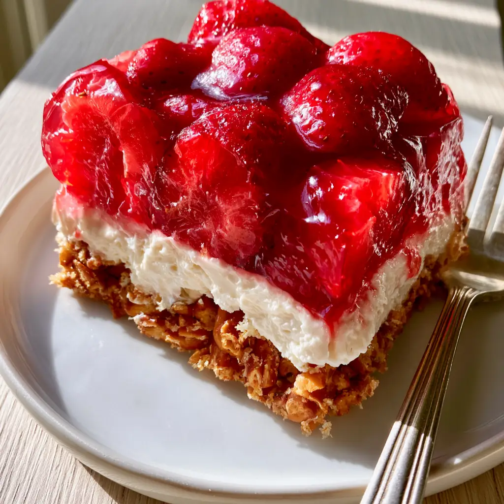 Strawberry Pretzel Salad: The Ultimate Salty-Sweet Layered Dessert 1 A top-down macro shot of Strawberry Pretzel Salad highlighting the glossy, fresh strawberry halves inside the ruby-red gelatin.