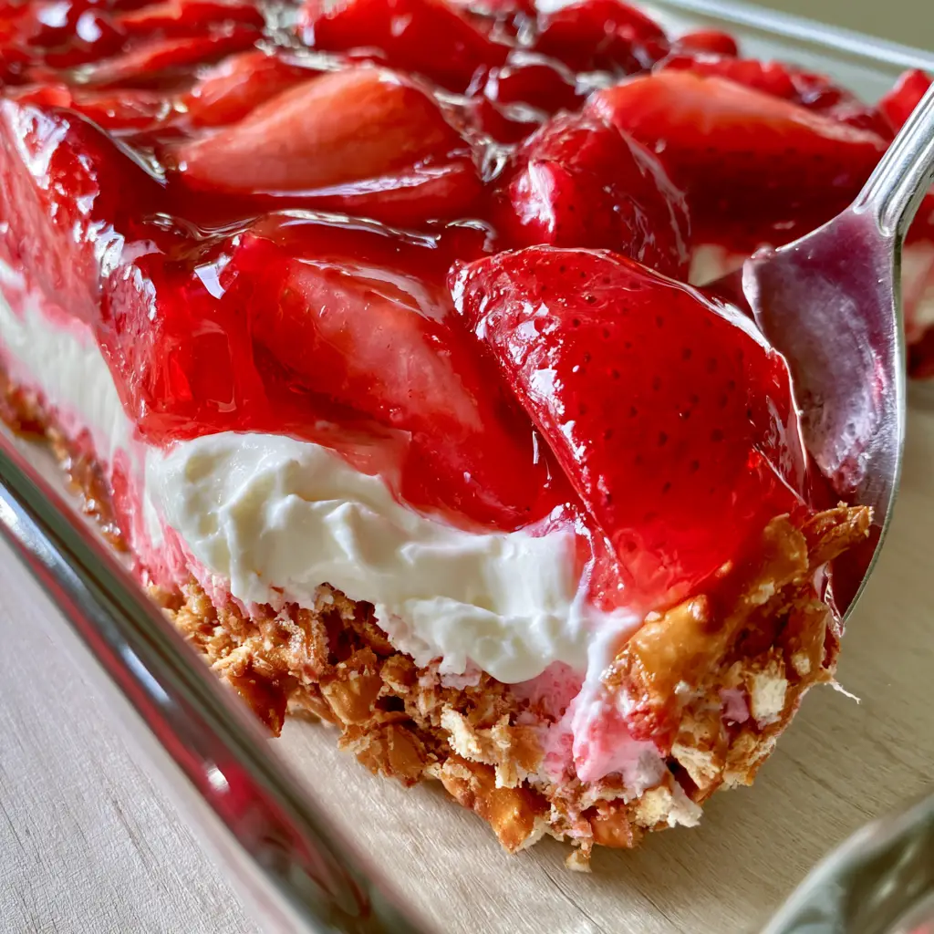 Strawberry Crack Pretzel Salad: The Ultimate Sweet and Salty Layered Dessert 1 A close-up of the shimmering ruby-red strawberry glaze and fresh fruit topping of the strawberry crack pretzel salad.