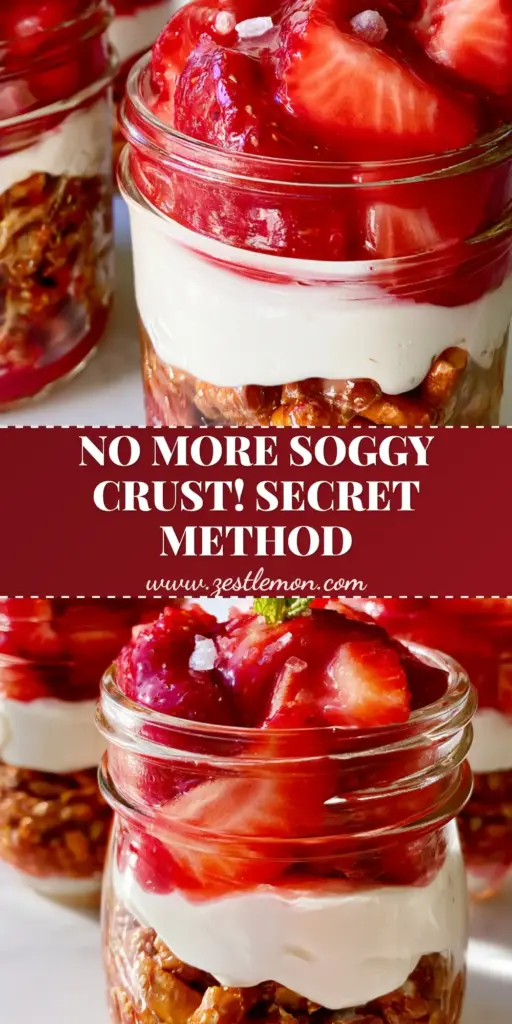 Strawberry Pretzel Salad Jars: The Ultimate Layered Summer Dessert 4 Three glass mason jars filled with layered Strawberry Pretzel Salad Jars featuring a pretzel base, cream cheese mousse, and ruby-red strawberry topping.