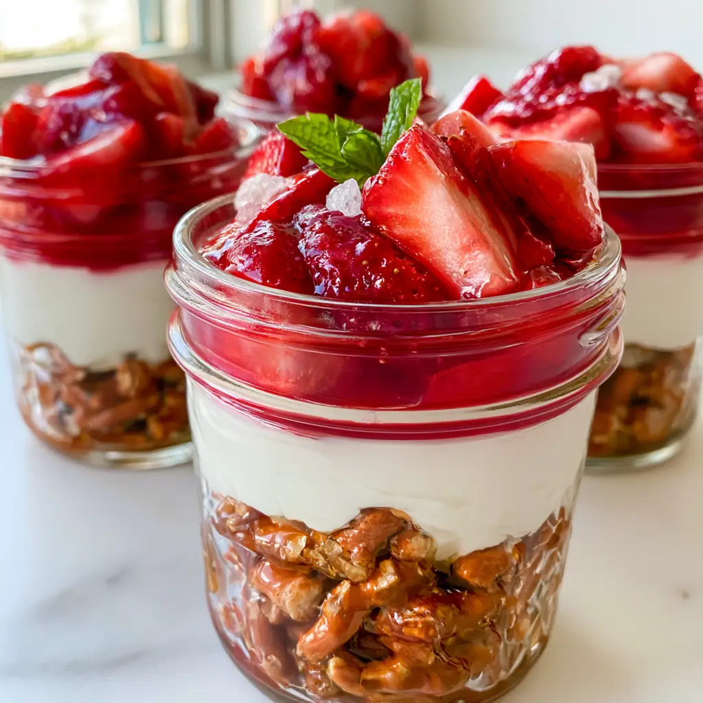 Close-up of a handheld smartphone photo showing individual Strawberry Pretzel Salad Jars with fresh mint garnish.