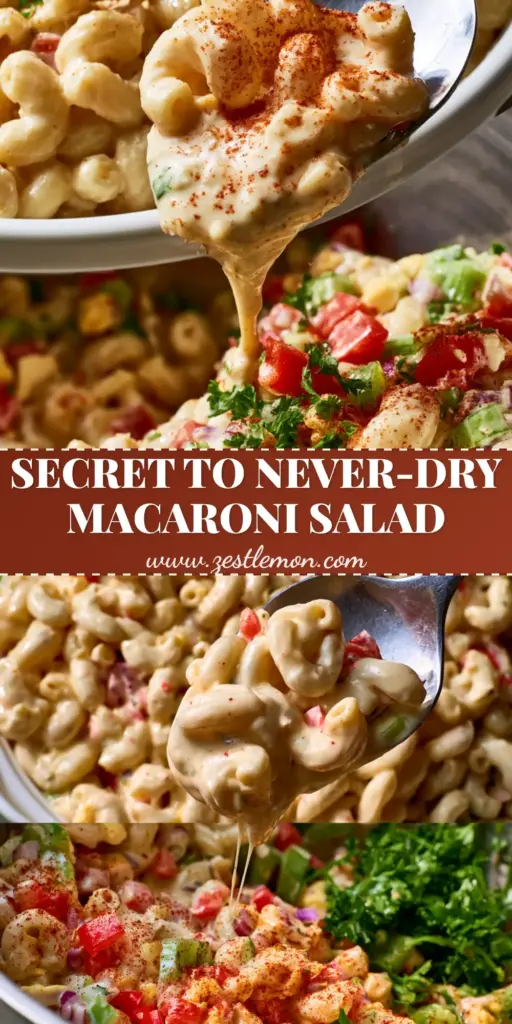 A massive white porcelain bowl of Macaroni salad for a crowd featuring creamy dressing, red peppers, and smoked paprika dusting.
