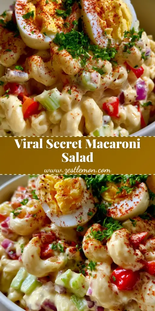 Macaroni salad digital recipe: The Elite Creamy Deli-Style Classic 3 A top-down view of an elite creamy macaroni salad with vibrant red peppers and large chunks of hard-boiled eggs. (Macaroni salad digital recipe)